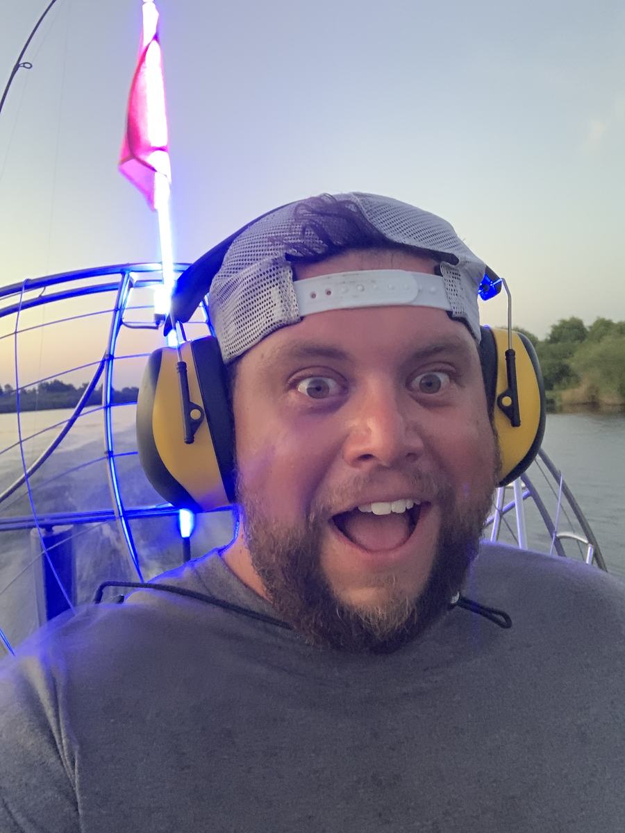 Mark Gabrielli wearing ear protection on an airboat
