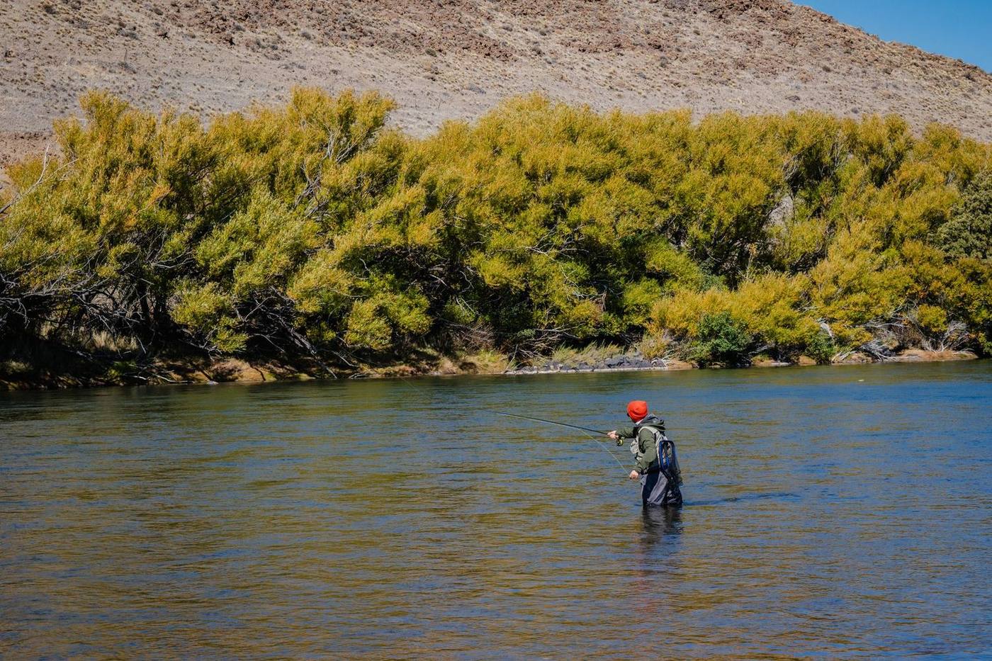A person fly fishing in a serene river surrounded by lush autumnal trees under clear blue skies.