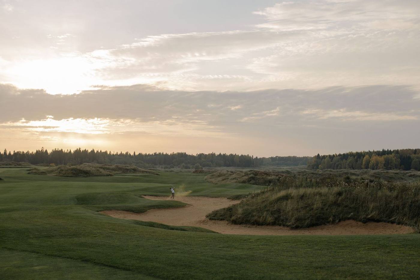 A beautiful sunrise over a serene golf course landscape with lush greenery and sand traps.
